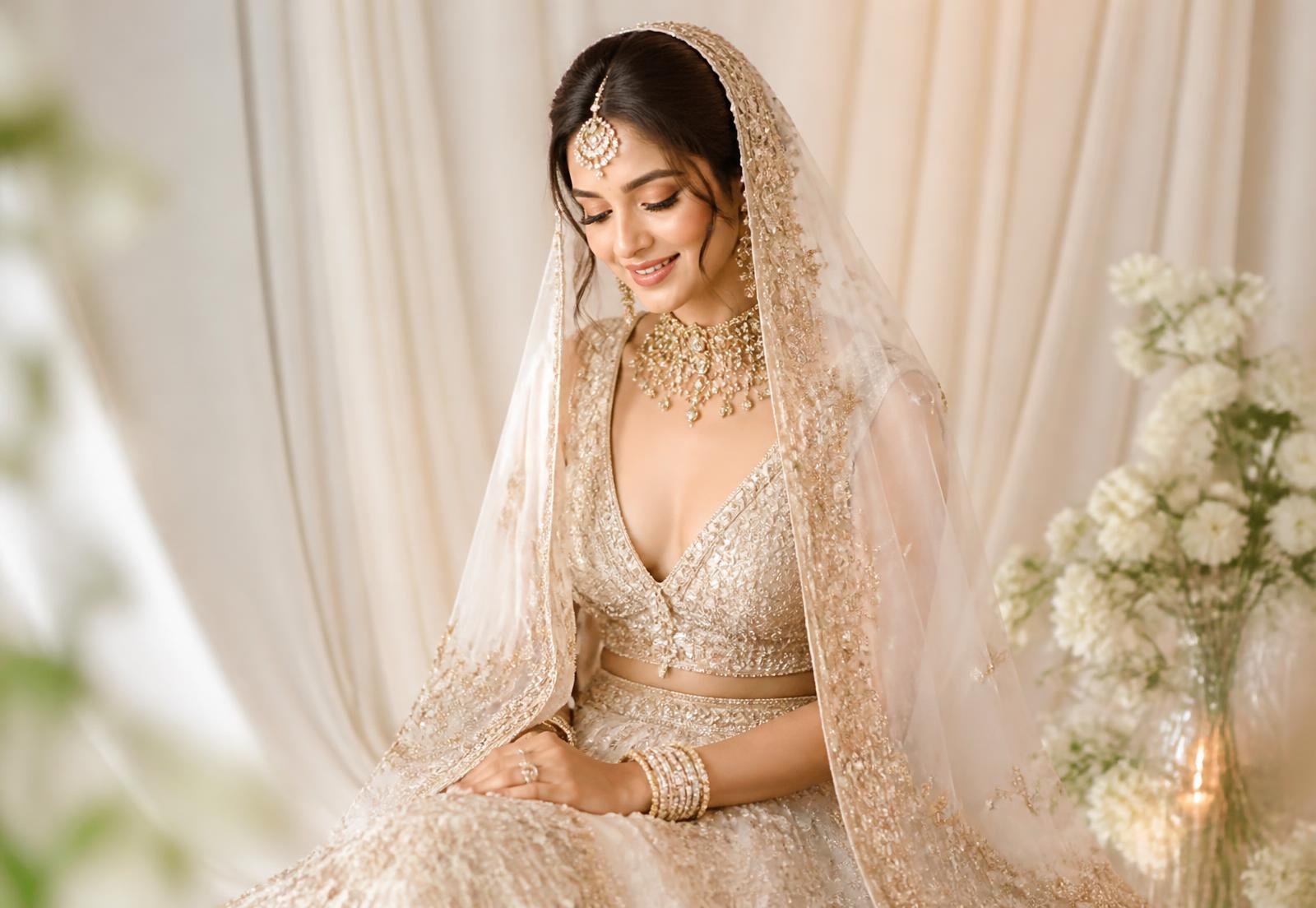 Bride in ivory and champagne bridal outfit with soft romantic makeup