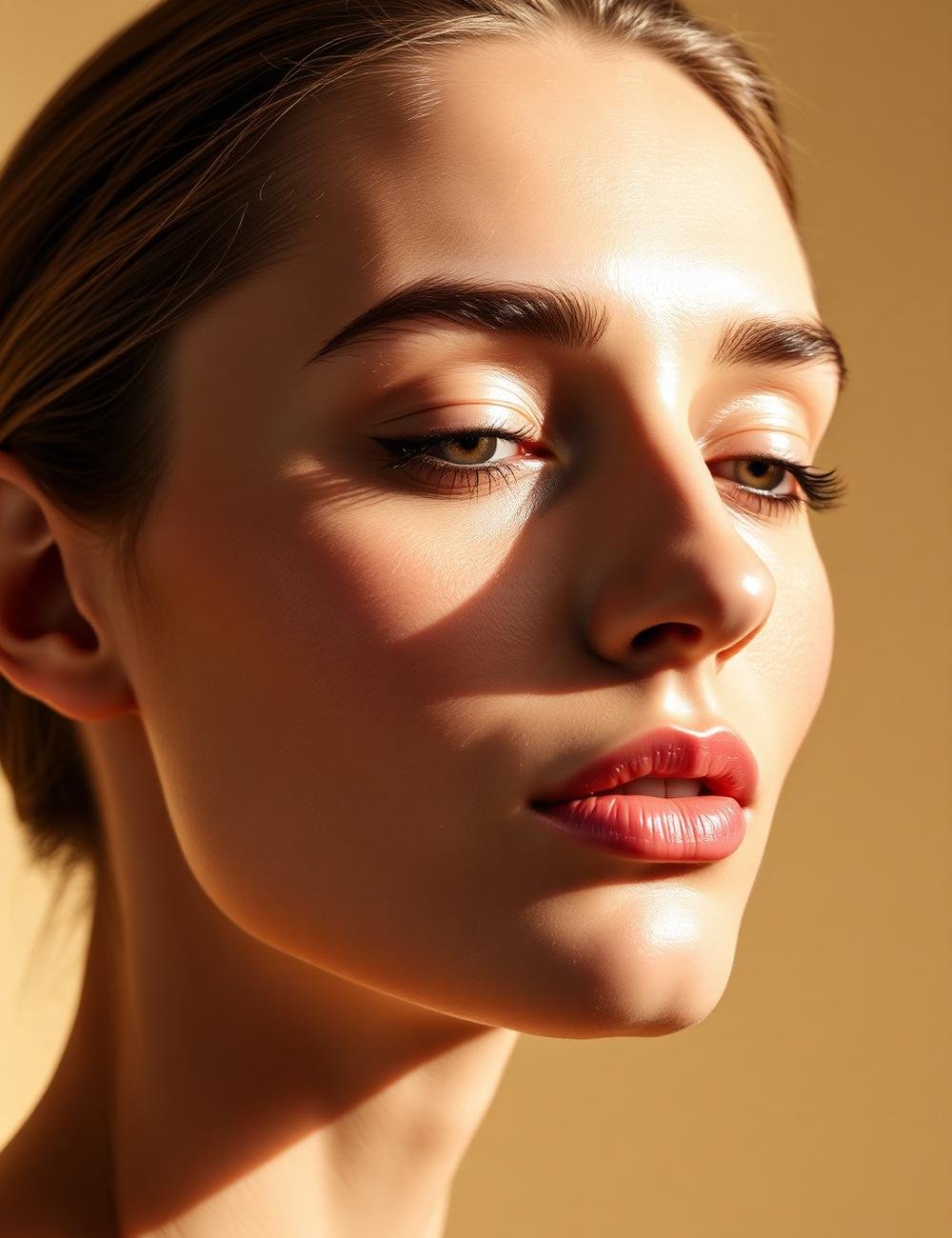 Beauty portrait with glowing skin and soft nude makeup