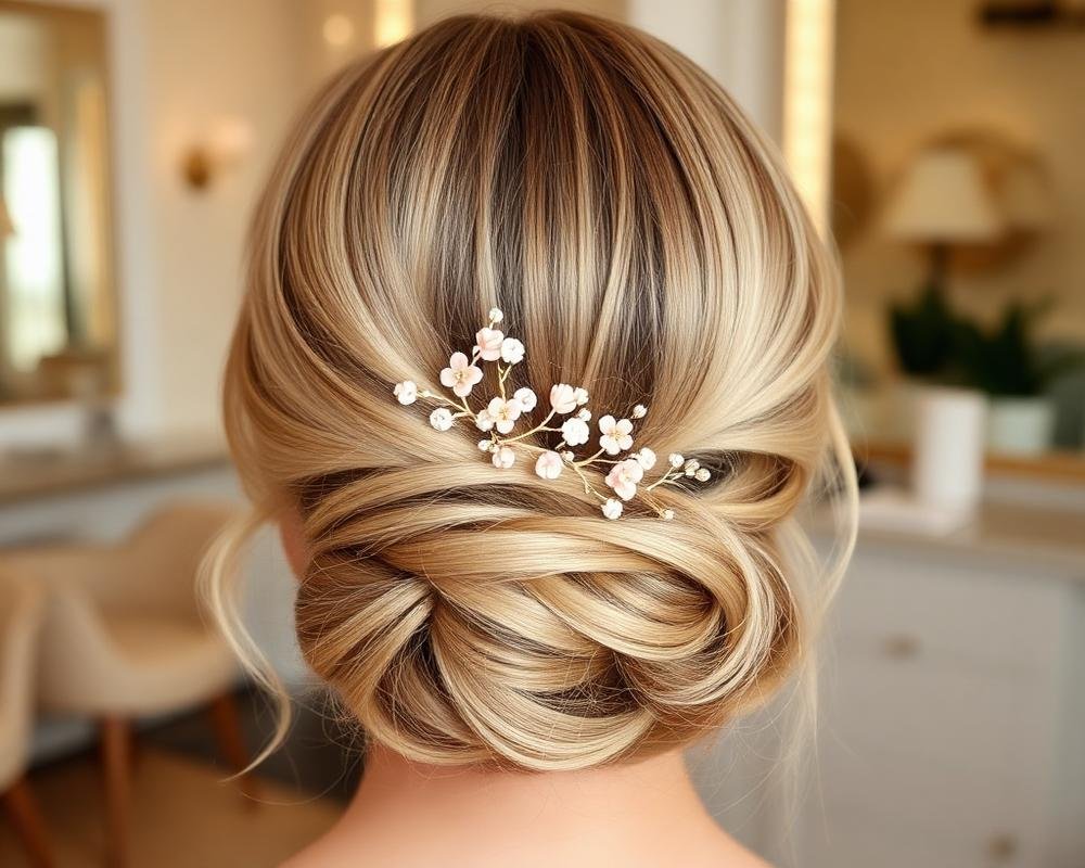 Elegant bridal hair updo with floral pins