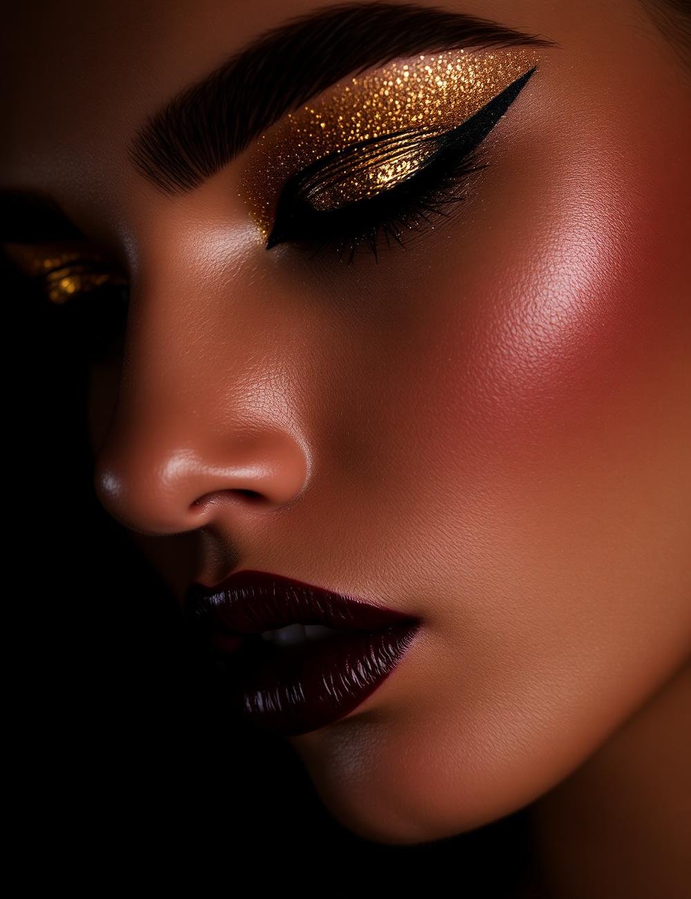 Dramatic party makeup with gold glitter eyes and burgundy lips