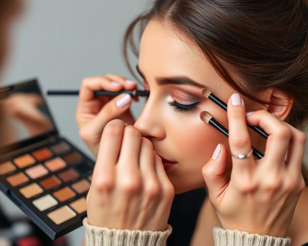 Student practising eye makeup techniques during training