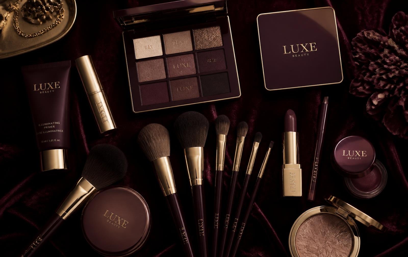 Luxury makeup brushes and palettes on burgundy velvet
